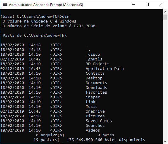 Resultado do comando <code>dir</code>