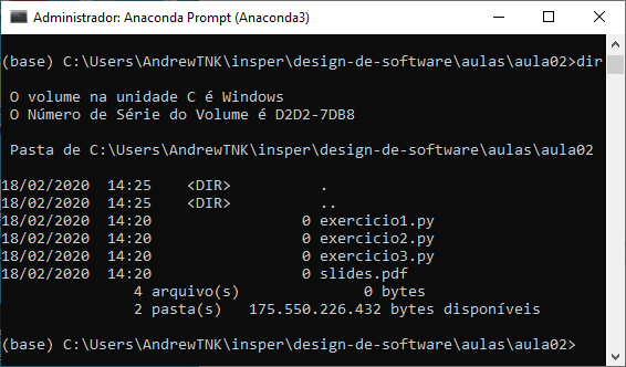 Resultado do comando <code>dir</code> na pasta <code>insper\design-de-software\aulas\aula02</code>
