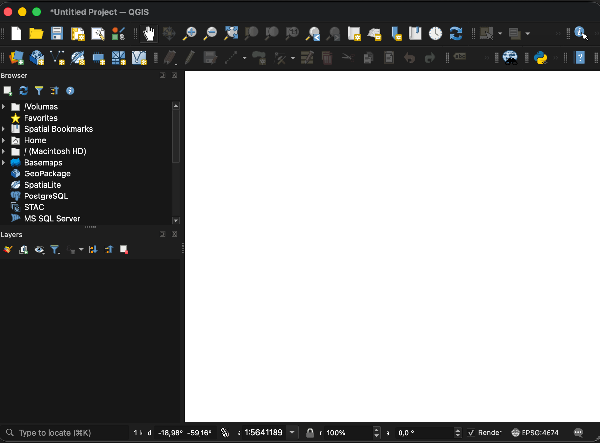 Janela real do QGIS recém-instalado, em inglês, com projeto vazio: barra de menu, barras de ferramentas, painéis Browser e Layers à esquerda, canvas em branco e barra de status com o botão de CRS no canto inferior direito.