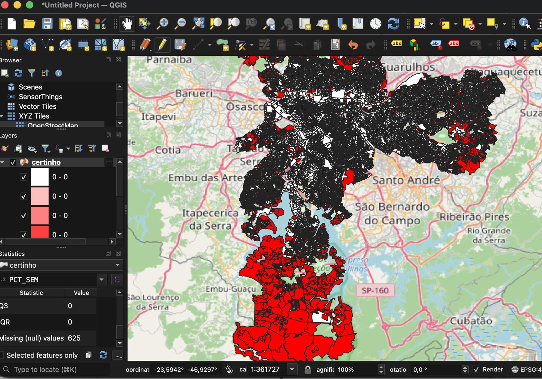 Janela do QGIS com o mapa de São Paulo classificado por PCT_SEM. A legenda mostra cinco classes e as quatro primeiras têm o rótulo 0 - 0. O painel de estatísticas informa Q3 igual a zero, IQR igual a zero e 625 valores nulos. O mapa aparece quase todo preto por causa do contorno dos setores, com uma mancha vermelha contínua no extremo sul.