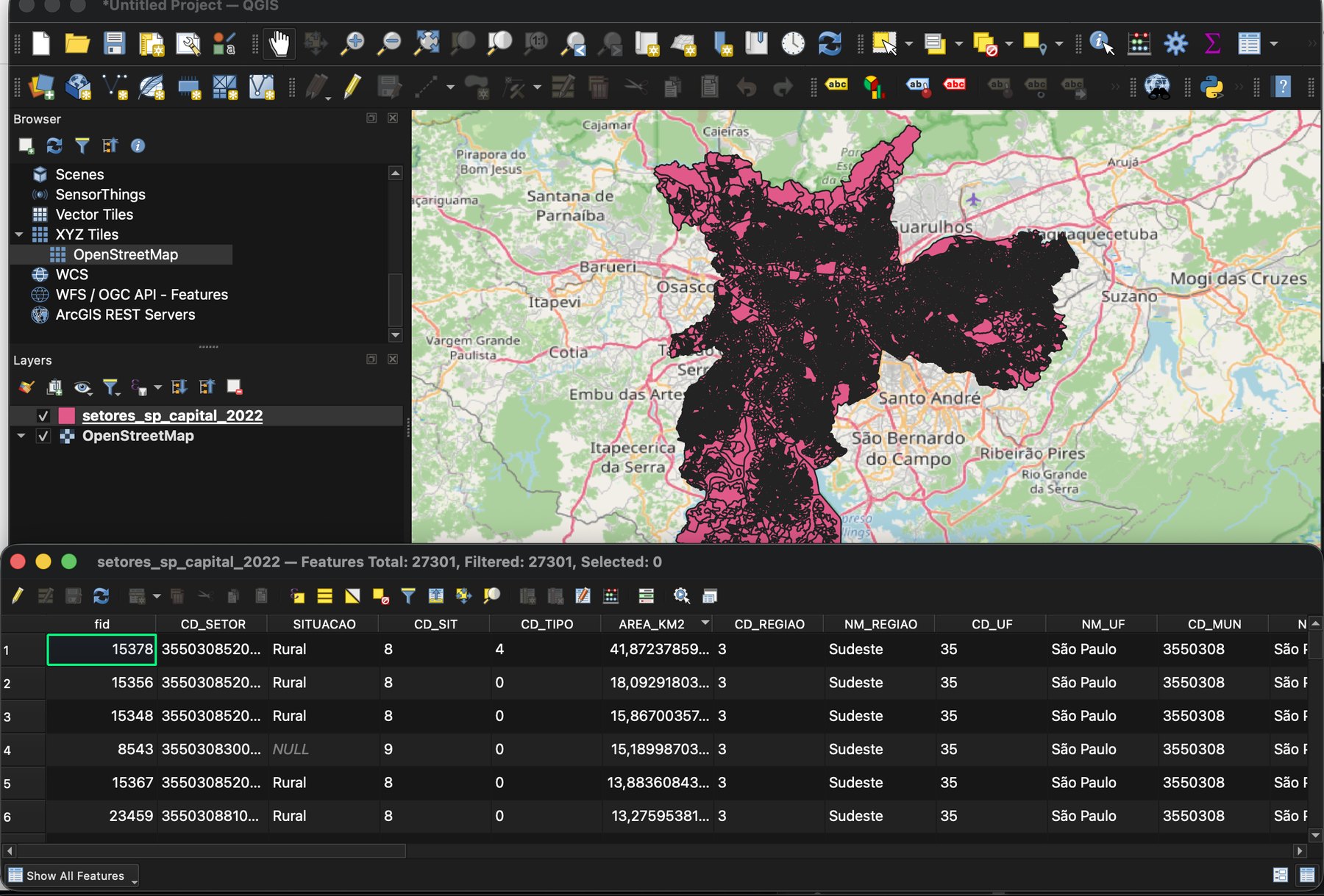 Janela do QGIS com a camada de setores censitários de São Paulo em rosa sobre o mapa do OpenStreetMap, e a tabela de atributos aberta abaixo, com as colunas fid, CD_SETOR, SITUACAO, CD_SIT, CD_TIPO, AREA_KM2, CD_REGIAO, NM_REGIAO, CD_UF, NM_UF e CD_MUN.