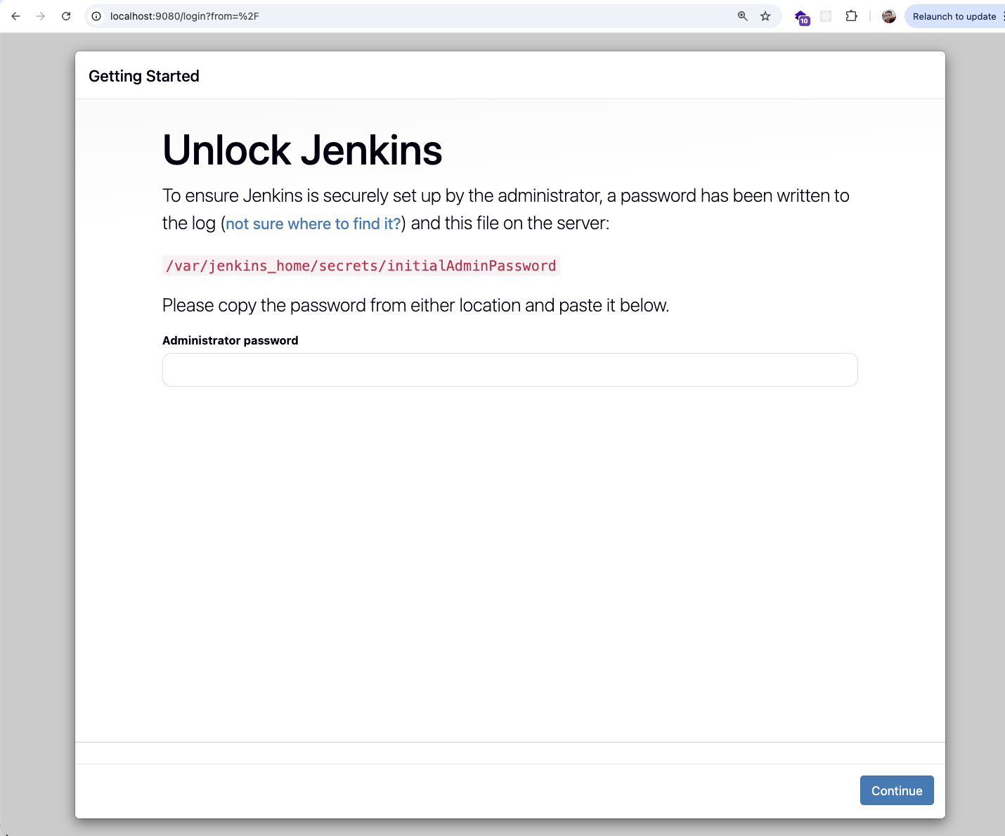Tela de desbloqueio do Jenkins